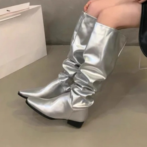 Shoes - Women Silver metallic slouchy flat knee boots